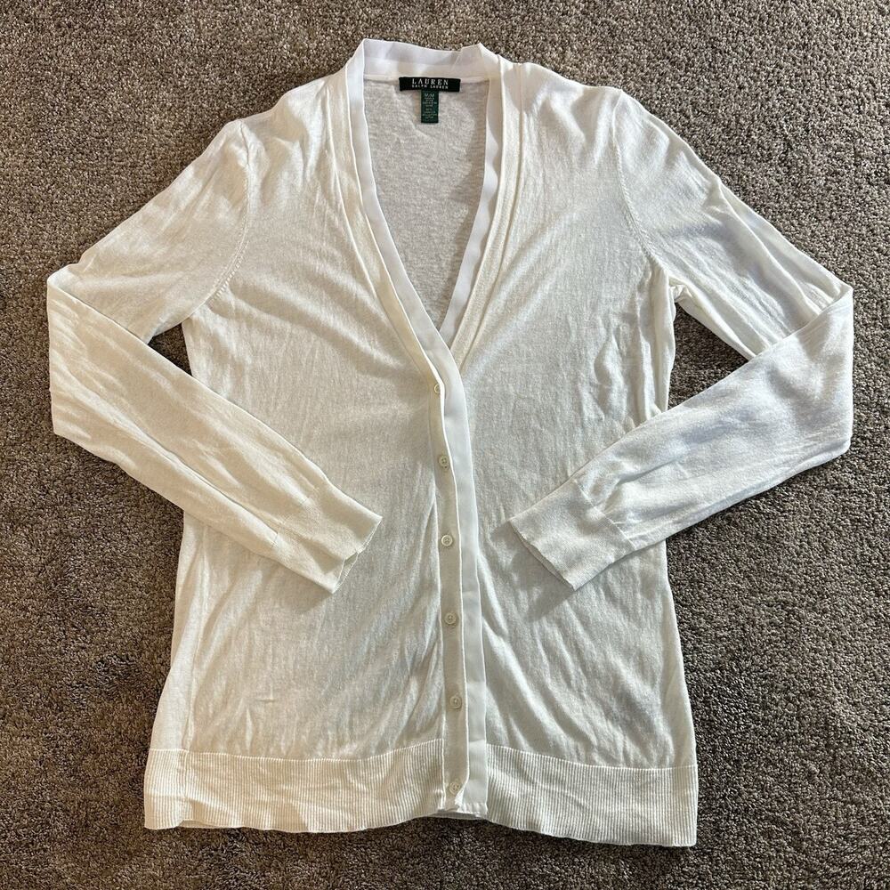 Lauren Ralph Lauren Cardigan Linen Blend Sweater Women Medium M White Button
